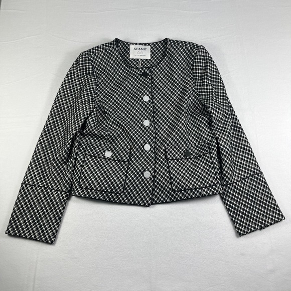 SPANX Ponte Lady Jacket Black White Gingham Check Blazer Button Front Size L - Picture 2 of 7